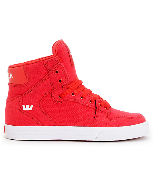 Supra Kids Vaider Red Canvas High Top Skate Shoes | Zumiez