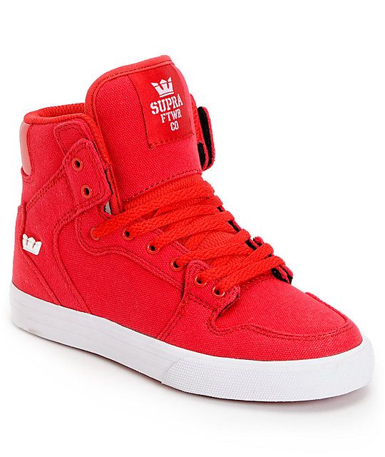 Supra Kids Vaider Red Canvas High Top Skate Shoes | Zumiez