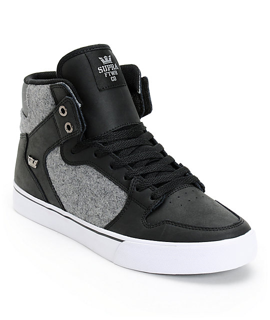 Supra Vaider Black Leather & Grey Wool Skate Shoes | Zumiez