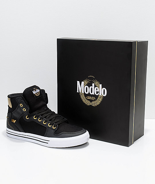 supra x modelo vaider negra black gold white skate shoes zumiez