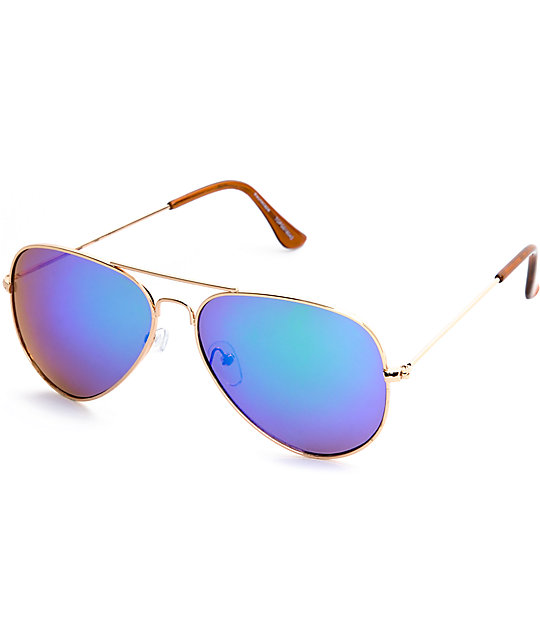 TG Top Gun Aviator Gold with Green Mirror Sunglasses | Zumiez