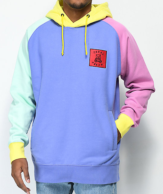 blue pink and yellow hoodie
