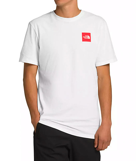 white and red north face t shirt