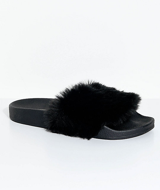 TheWhiteBrand Black Fur Slide Sandals | Zumiez