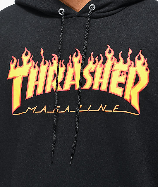 thrasher boys flame logo black hoodie