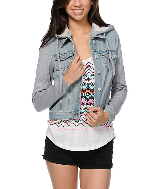 womens denim jacket with grey sleeves and hood