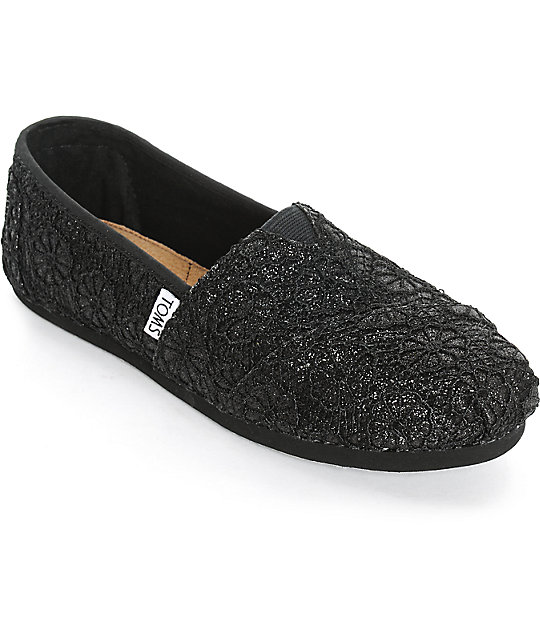Toms Classics Black Glitter Crochet Womens Shoes