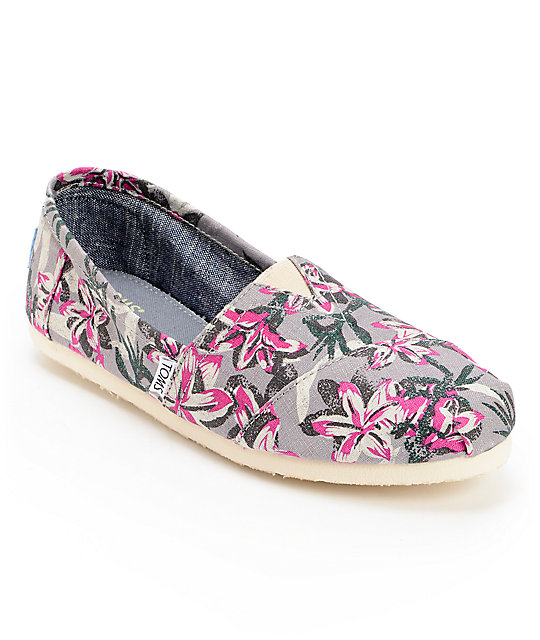 Toms Classics Grey Floral Print Womens Vegan Slip On Shoes | Zumiez