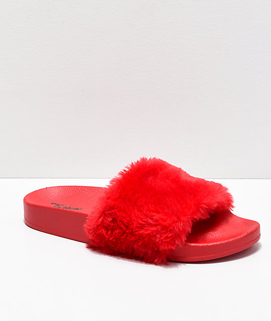 Trillium Red Fur Slide Sandals 
