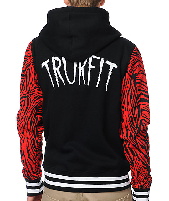 Trukfit Zebra Print Red Black Hooded Varsity Jacket Zumiez Trukfit Zebra Print Red Black Hooded Varsity Jacket