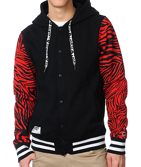 black jacket with red hoodie