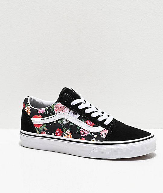 vans black floral shoes