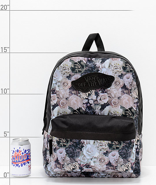 vans realm backpack in black floral print