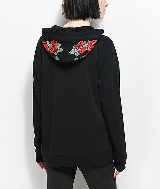 black hoodie with roses on hood