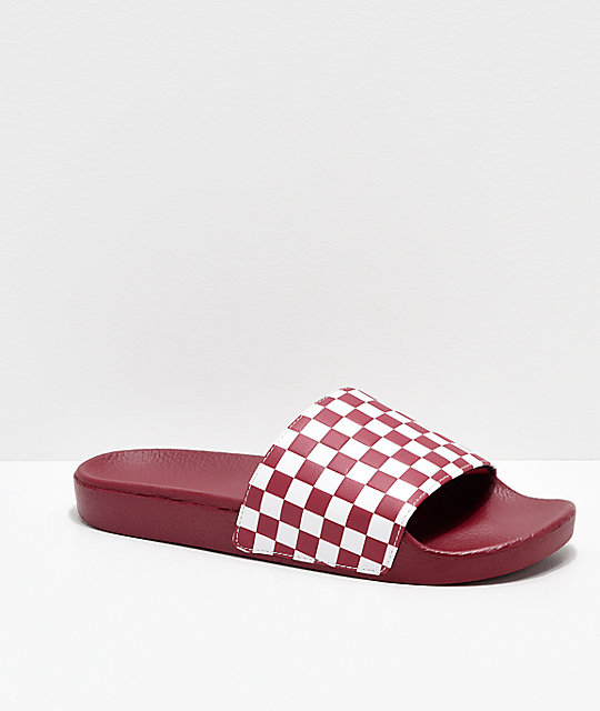 vans checkerboard slides red