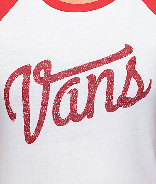 Vans Script Logo Camiseta Beisbol En Blanco Y Rojo Zumiez