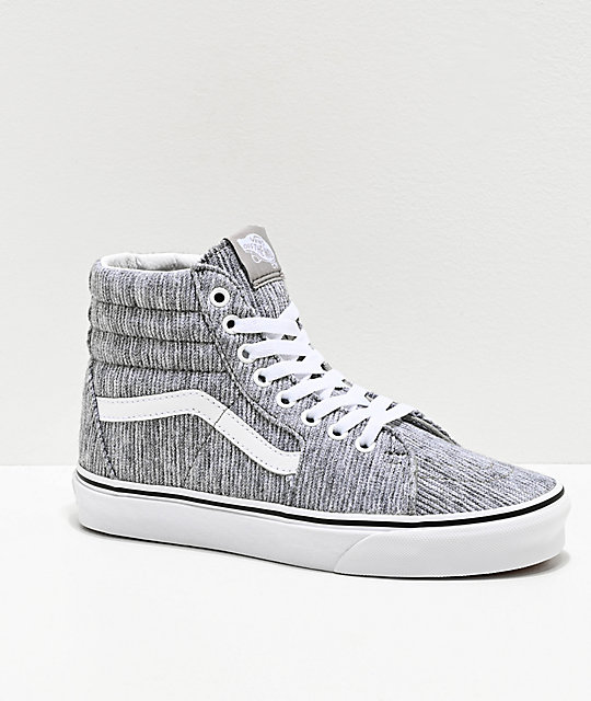 gray and white high top vans