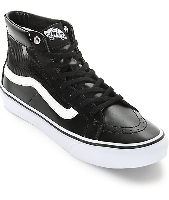 leather black and white high top vans 