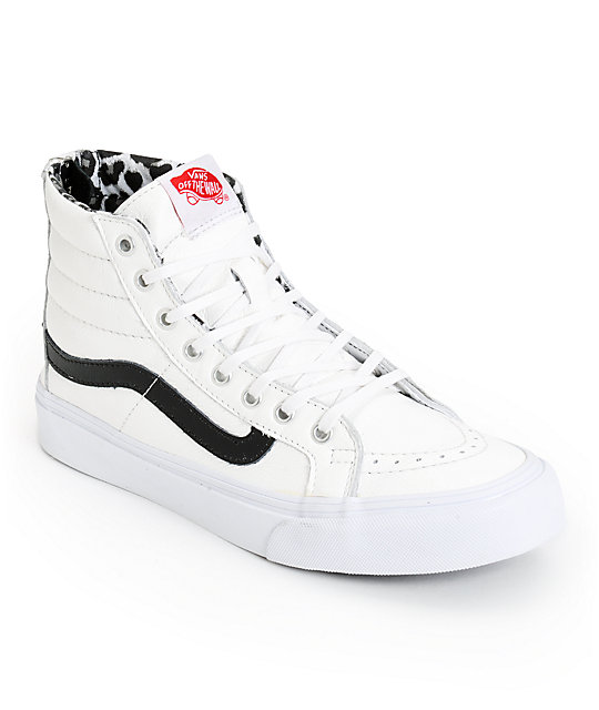 Vans Sk8-Hi Slim White Leather & Leopard Zip Shoes | Zumiez