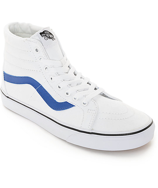 white high top vans with blue stripe 