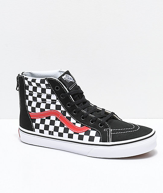 red and white vans high top checkered