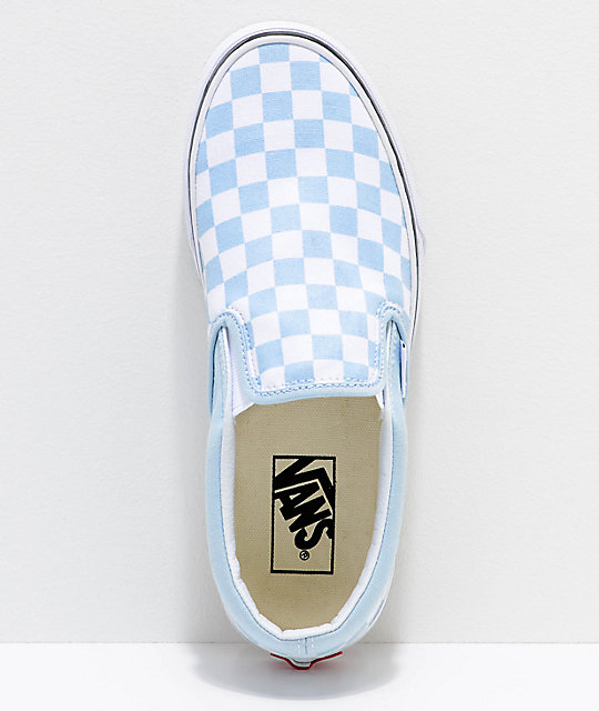 vans classic slip on checkerboard baby blue true white