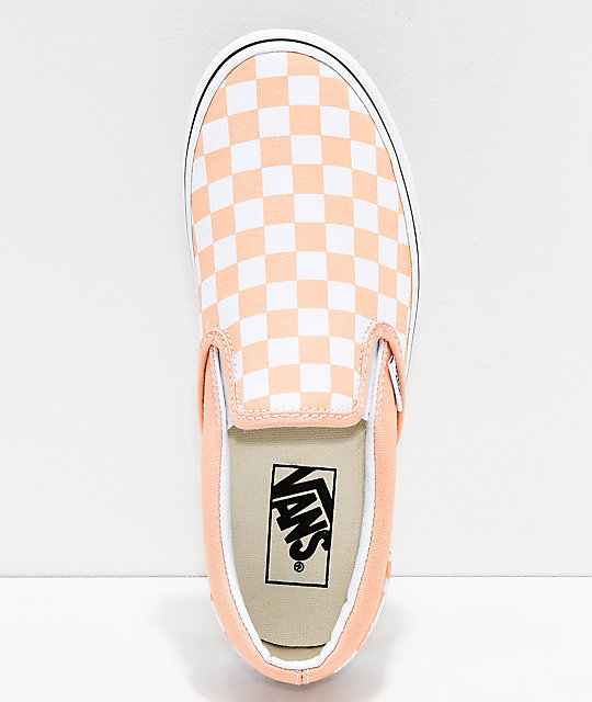peach checkered slip on vans