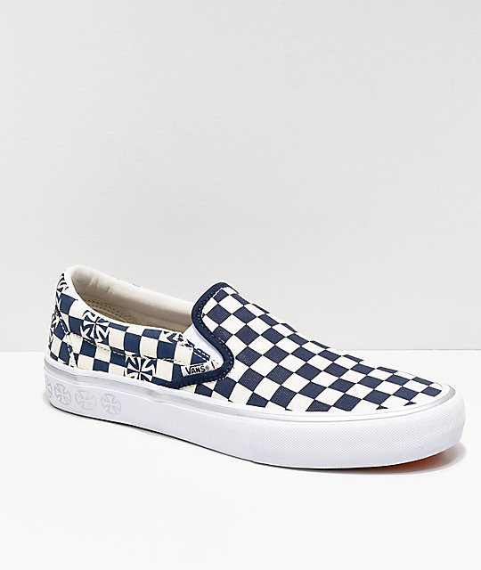 Vans x Independent Slip-On Pro Blue & White Checkerboard Skate Shoes Vans x Independent Slip-On Pro Blue & White Checkerboard Skate Shoes