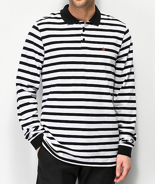 Volcom Gon James White  Black Striped Long  Sleeve  Polo  