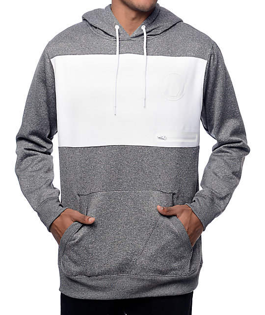 grey and white hoodie