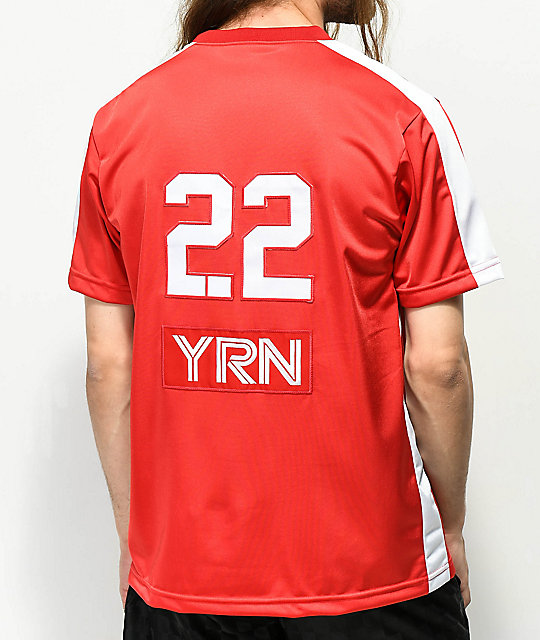 red and white striped soccer jersey
