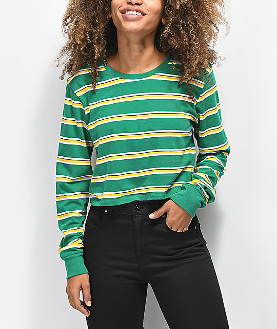 Zine Hannah Green & Yellow Striped Crop Long Sleeve T ...