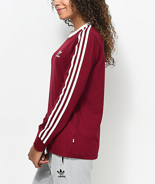 adidas originals three stripe long sleeve top in burgundy