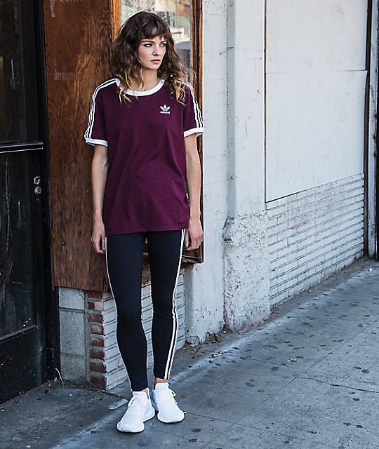 adidas 3 stripe t shirt burgundy