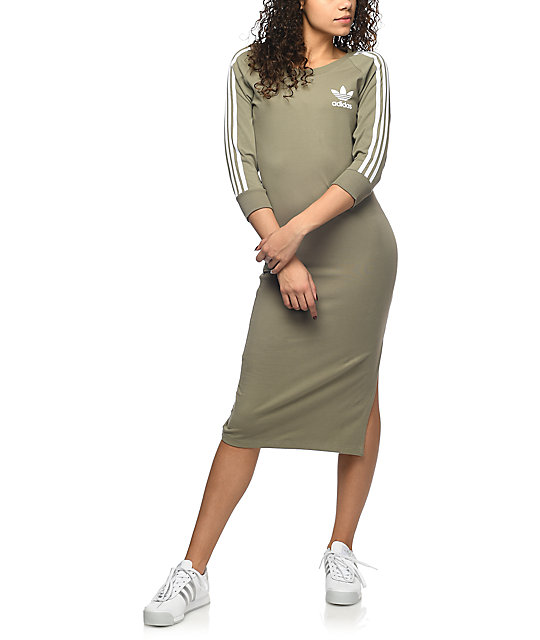 adidas 3 Stripe Olive Midi Dress | Zumiez