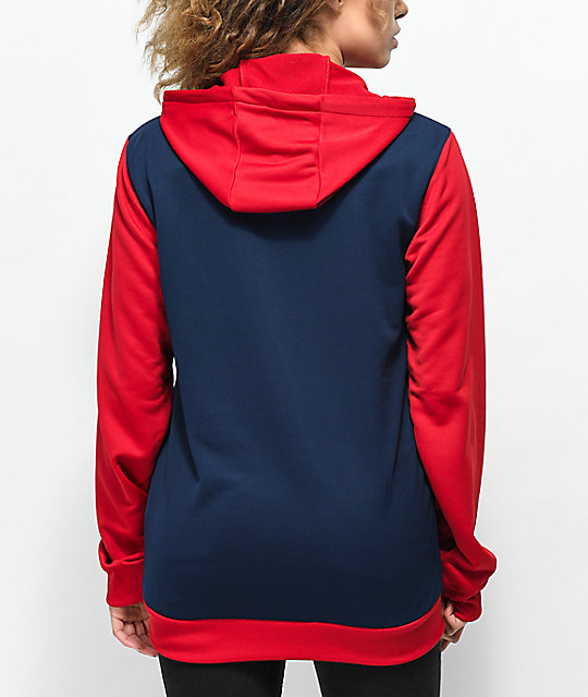 white hoodie with red sleeves