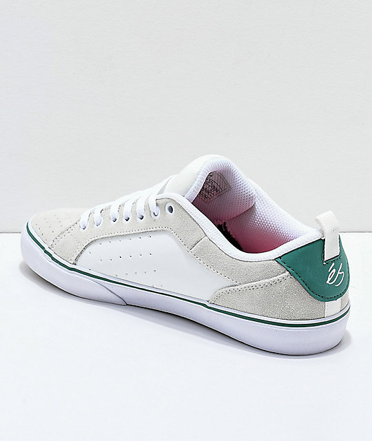 eS Aura Vulc White &amp; Green Skate Shoes Zumiez