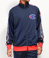 Champion C logo chaqueta de chándal azul y roja con cinta