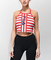FILA Brinley Red & White Stripe Crop Halter Tank Top