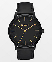 Nixon Porter Leather reloj en negro y color oro