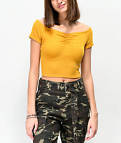 Trillium Blaine Yellow Off The Shoulder Crop Top