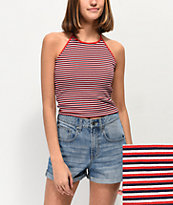 Zine Lyza Red, White & Blue Stripe Halter Crop Top
