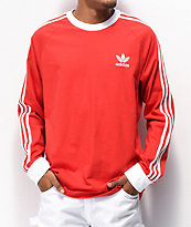 adidas 3 Stripe Red Long Sleeve Knit T-Shirt