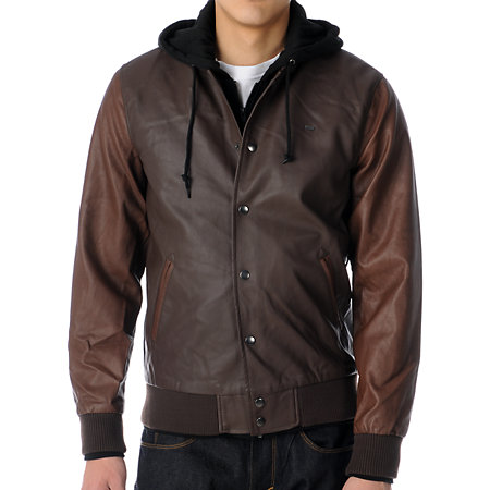 Obey Varsity Brown Faux Leather Hooded Bomber Jacket at Zumiez : PDP