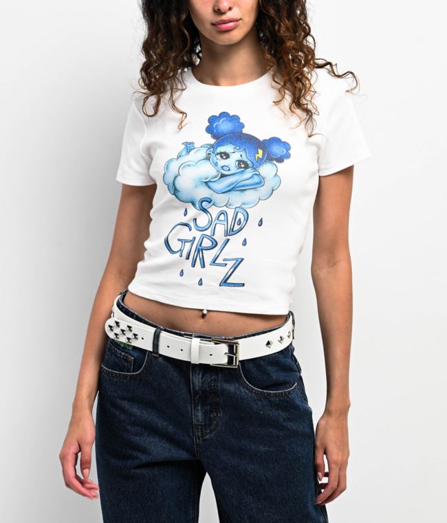 $AD GIRLZ By Junior H Pondering Clouds White Crop T-Shirt