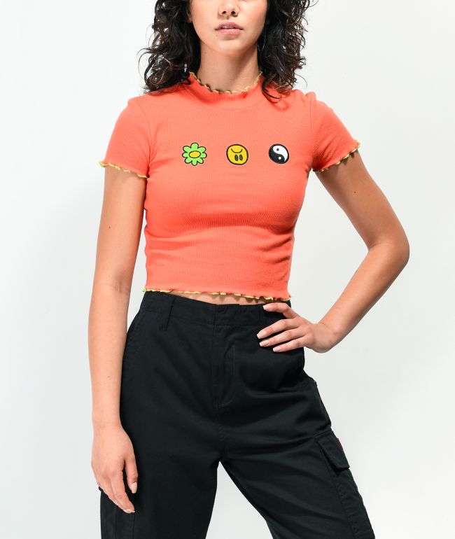 A-Lab Curly Pink Flower Yin Yang Coral Crop T-Shirt
