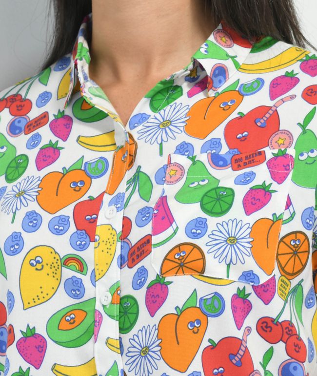 A-Lab Kona Mixed Fruit White Crop Short Sleeve Button Up Shirt - thumbnail 3