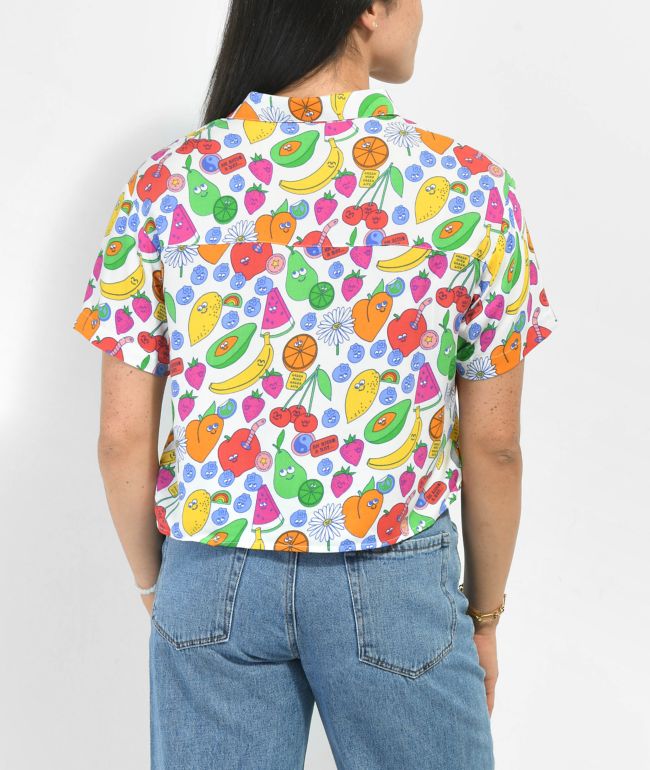 A-Lab Kona Mixed Fruit White Crop Short Sleeve Button Up Shirt - thumbnail 2
