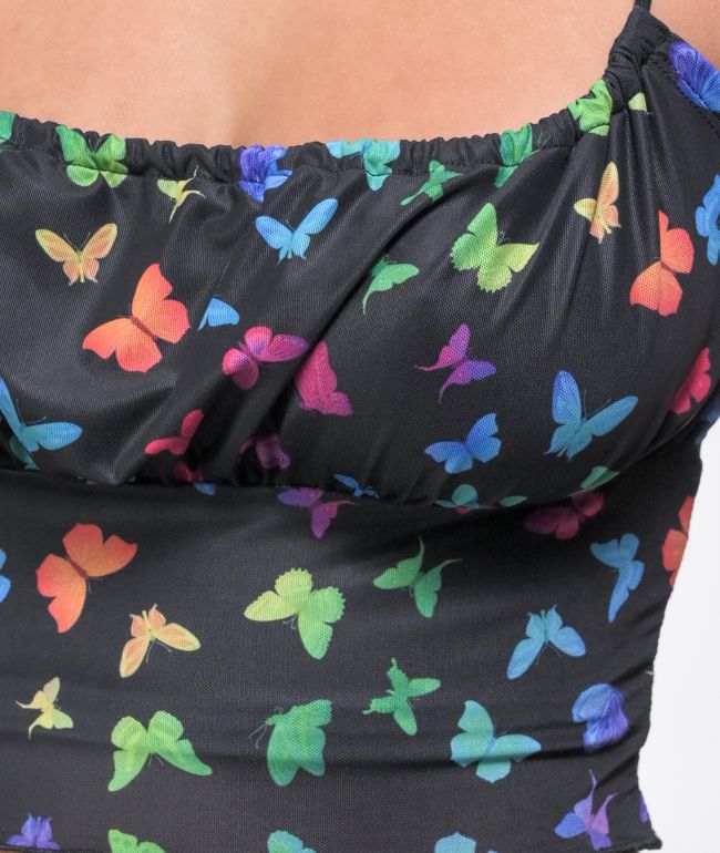 A-Lab Roxanne Butterfly Black Mesh Crop Tank Top - thumbnail 3