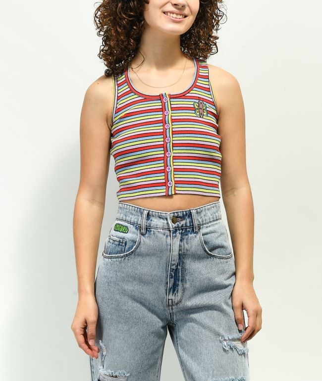 A.LAB Roscoe Red, Green & Purple Stripe Button Up Crop Tank Top